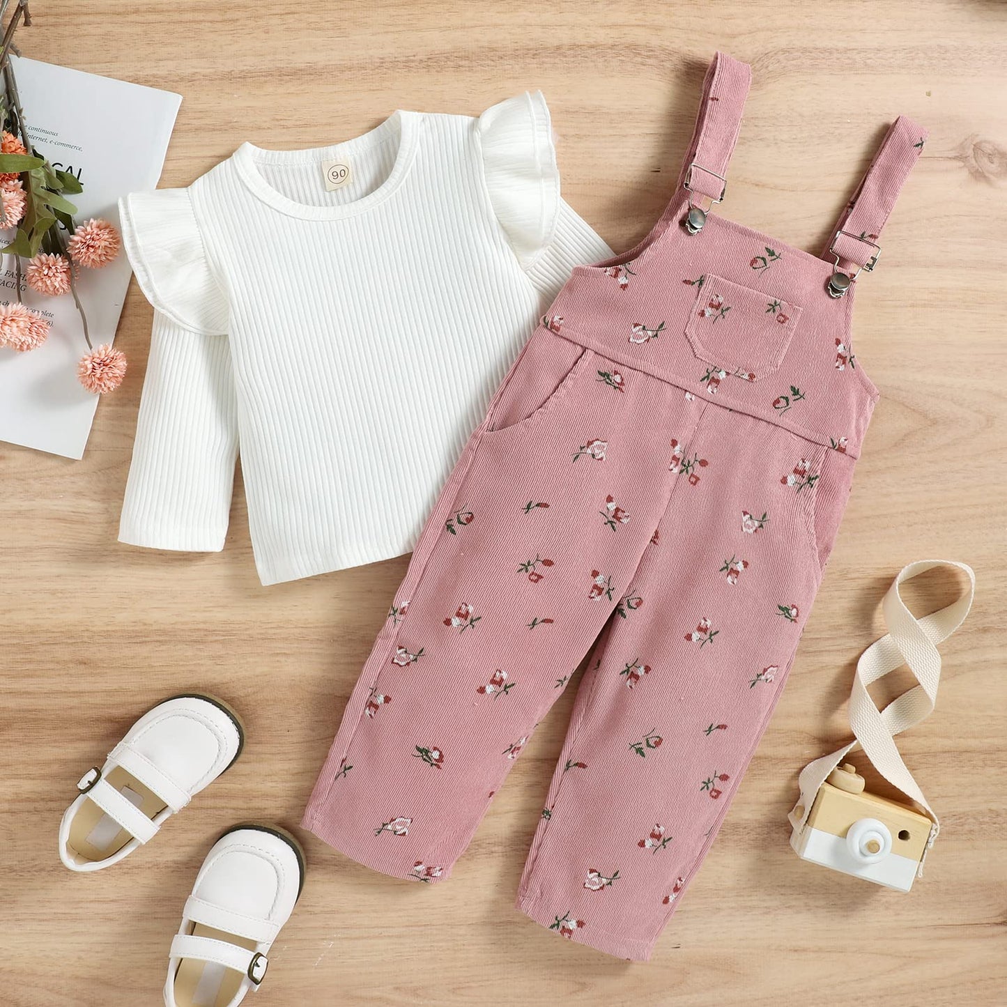 Baby Mädchen Kleidung gerippte Stricken Langarm Tops Blumenmuster Hosenträger Hosen mit Tasche Outfits Sets