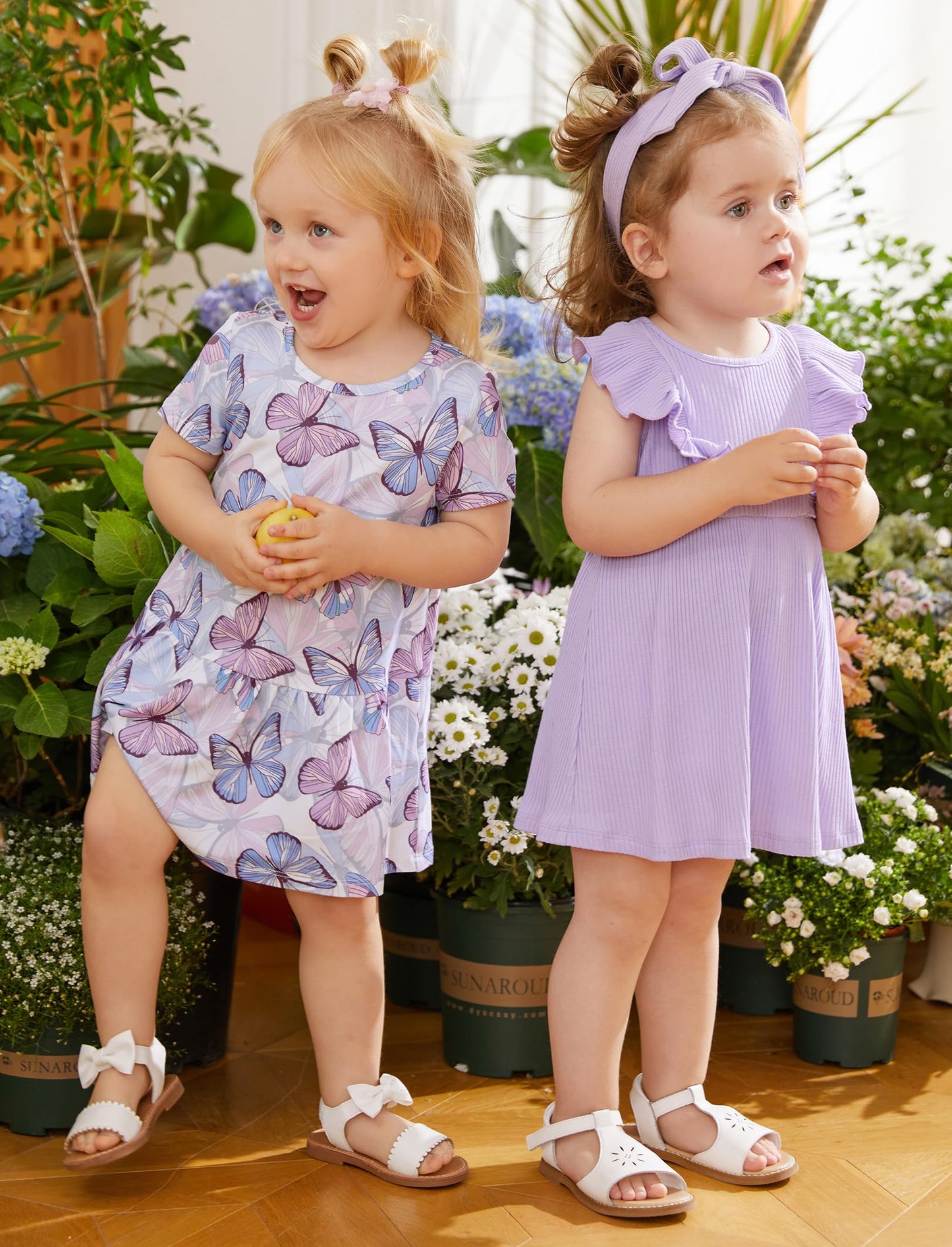 PATPAT Baby Mädchen Kleid Set, Packung mit 2 Süßes Sommerkleider Ärmellos Rüschen Prinzessin Kleider Kurze Ärmel, Kleinkind A-Linien-Kleid für Hochzeit Geburtstag Party Bankett Urlaub, 3-24 Monate