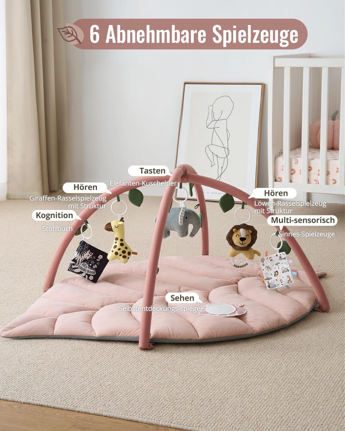 Blissful Diary Spielbogen Baby, Übergroßes Blattförmiges Spieldecke Baby Gym Activity Decke mit 6 Abnehmbare Spielzeuge, krabbeldecke Unverzichtbare Babygeschenke, Waldgrün