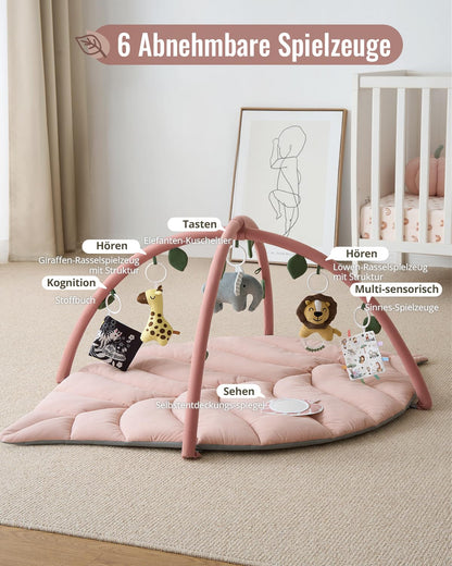 Blissful Diary Spielbogen Baby, Übergroßes Blattförmiges Spieldecke Baby Gym Activity Decke mit 6 Abnehmbare Spielzeuge, krabbeldecke Unverzichtbare Babygeschenke, Waldgrün