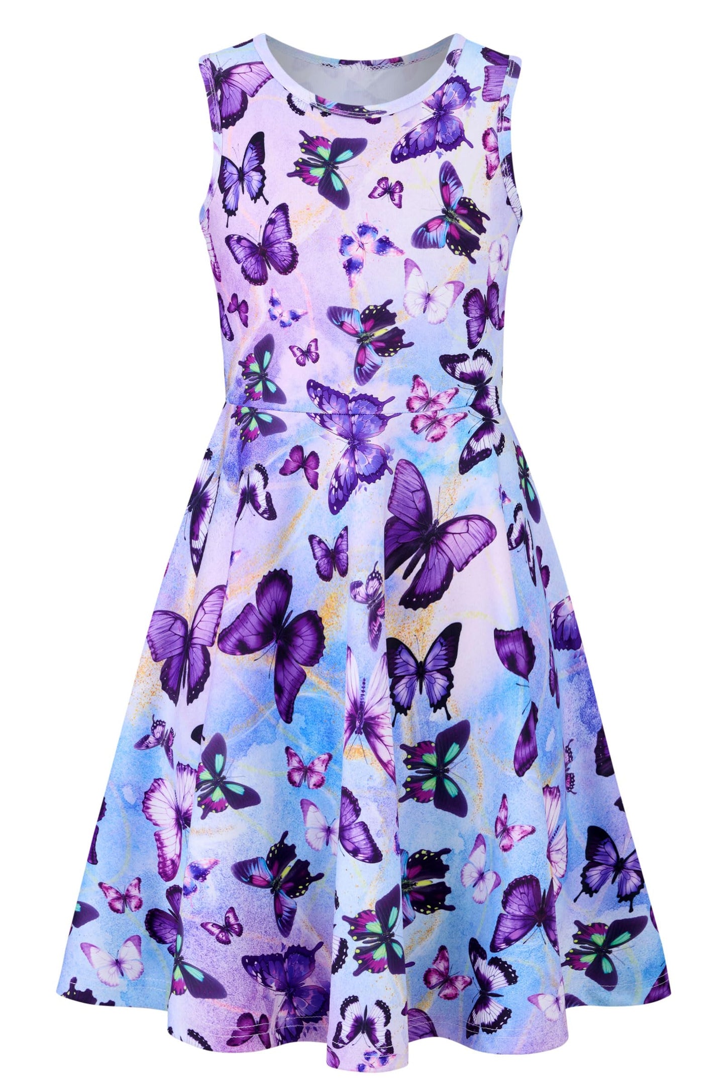 AIDEAONE Mädchenkleid Schmetterling A-Linie Ärmelloses Sommerkleid Buntes Kleid 4-12 Jahre