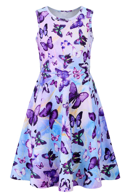 AIDEAONE Mädchenkleid Schmetterling A-Linie Ärmelloses Sommerkleid Buntes Kleid 4-12 Jahre