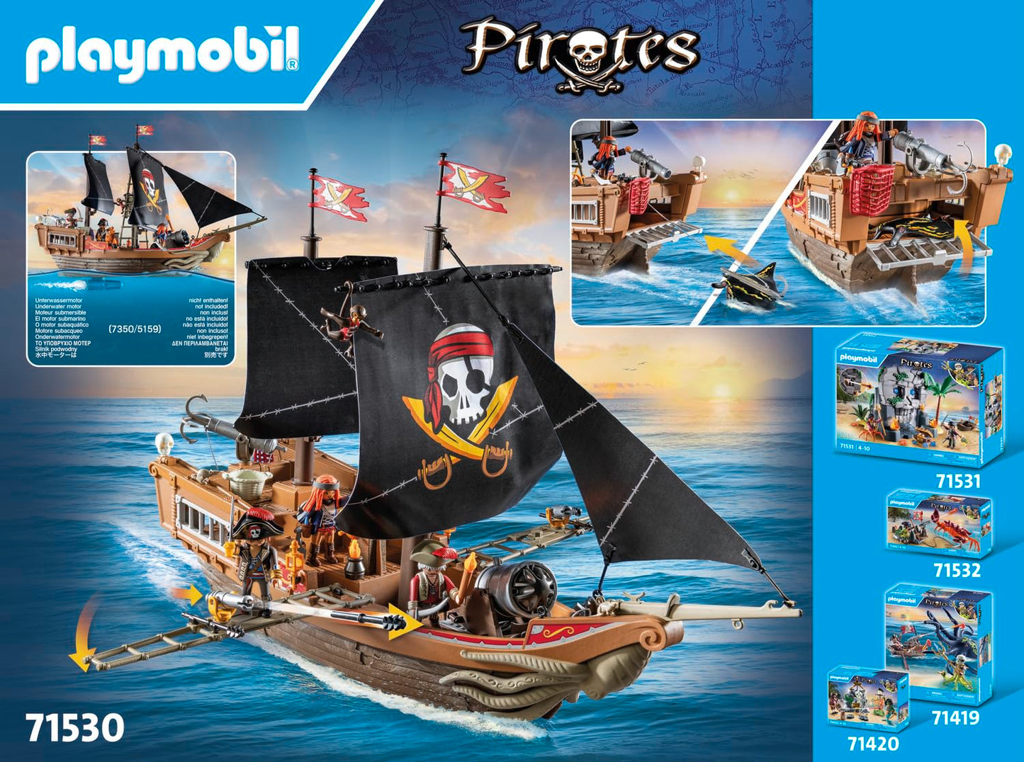 PLAYMOBIL Pirates 71418 Pirate Ship, Exciting Adventures on the High Sea, with Extensive Accessories such as Telescope, Compass and Cannons, Toy for Children from 4 Years