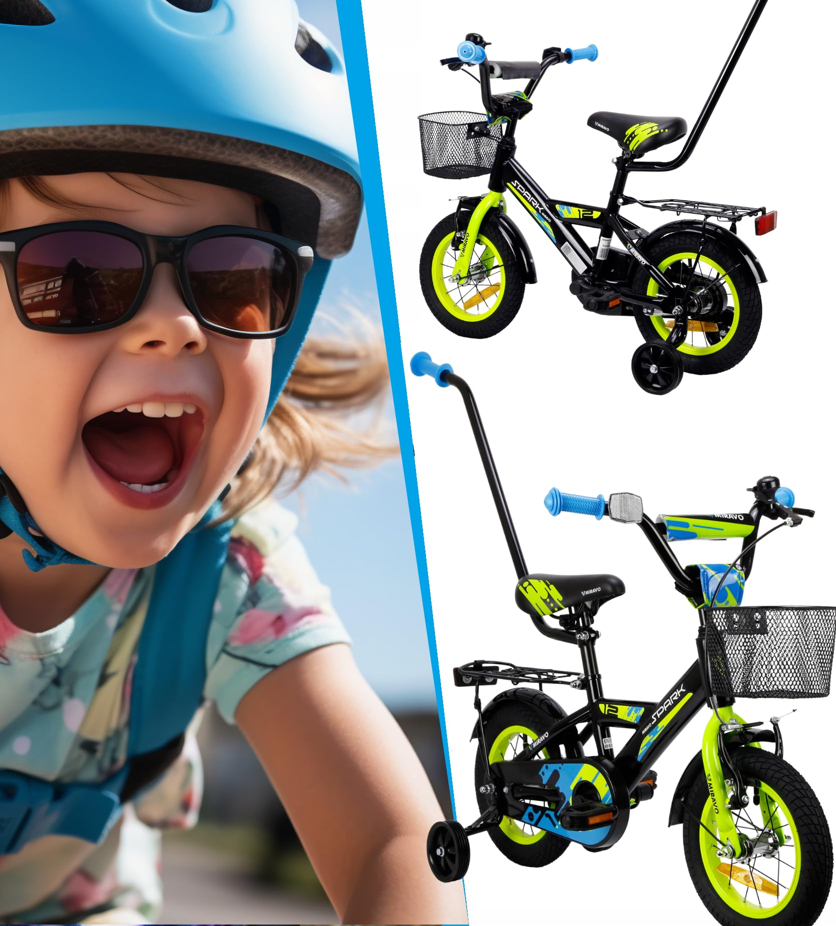 MIRAVO Kinderfahrrad Fahrrad Kinder Ab 2 Bis 8 Jahre Mit Stützrädern Schubstange V-Brake Bremsen Rückstrahl Aufkleber 12 16 20 Zoll Radgröße Korb Für Junge Spark - Meloni2