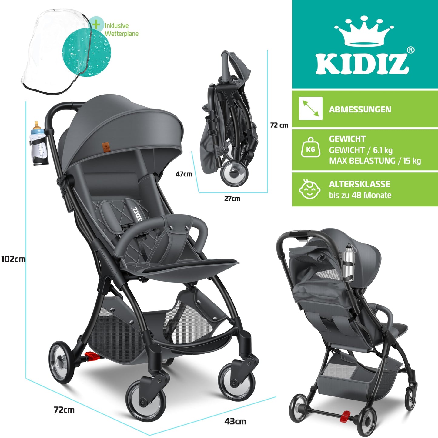 KIDIZ® Folding Pushchair, Sports Pram, 360° Wheels, 5-Point Harness, incl. Drinks Holder, Rain Cover, Adjustable Backrest and Sun Canopy, Red