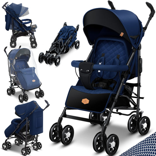 KIDIZ® City-Pro Pushchair Folding Pushchair Pushchair Sports Pushchair Foldable 360° 6 Inch Wheels Includes Mosquito Net, Footmuff and Rain Cover Foldable Sleep Function Blue