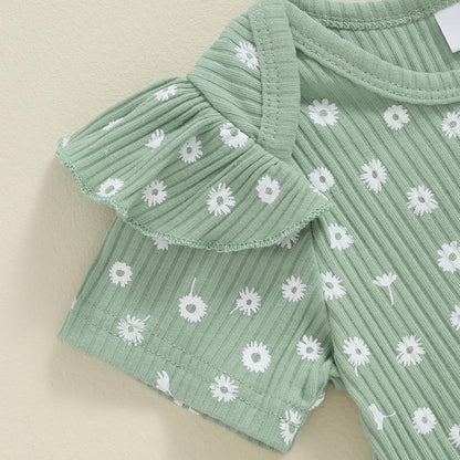 3tlg Baby Mädchen Sommer Kleidung Set Rüschen Kurzarm Strampler + Rüschen Shorts + Stirnband Babyset Weiche Neugeborene Ausgehen Outfit