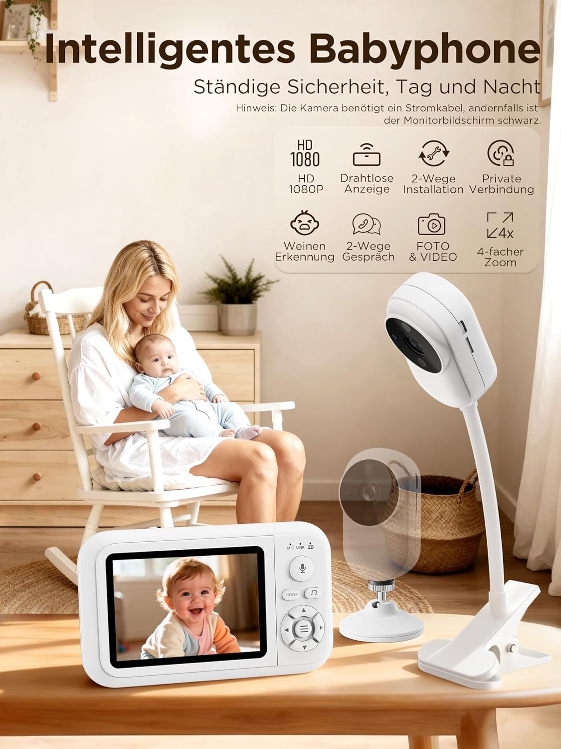 Babyphone mit Kamera, 1080P Babykameramonitor mit Halter und Bettclip ohne WLAN, 2-Wege-Audio, weinende Erkennung, 4x Zoom, Nachtsicht, Temperatursensor, 3,5 Zoll LCD Babyphone mit SD