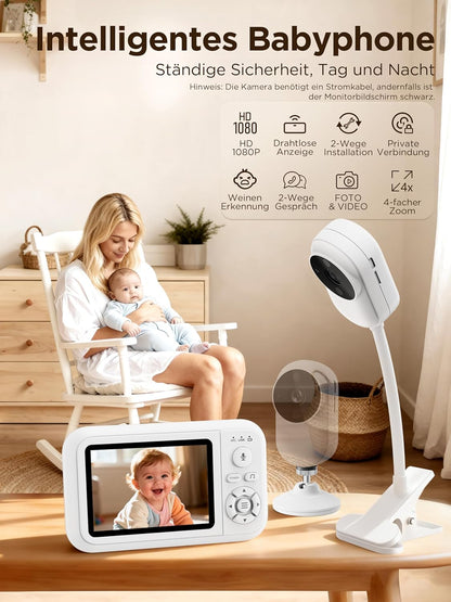 Babyphone mit Kamera, 1080P Babykameramonitor mit Halter und Bettclip ohne WLAN, 2-Wege-Audio, weinende Erkennung, 4x Zoom, Nachtsicht, Temperatursensor, 3,5 Zoll LCD Babyphone mit SD