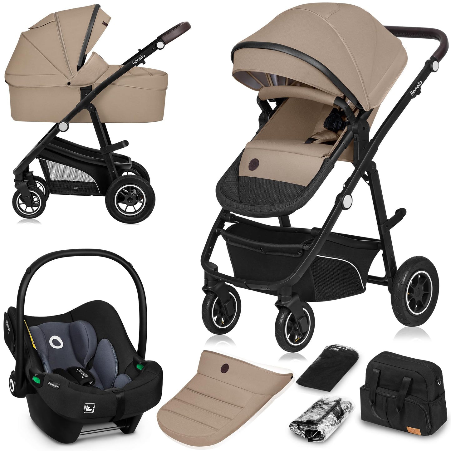 LIONELO BIANKA Children's Pushchair 3-in-1 (22 kg) Baby Carrycot (9 kg) Baby Seat (13 kg), Foldable, Travel System, Backrest Adjustment, Wheels 360o Shock Absorber, Hood XXL