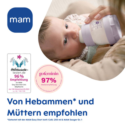 MAM Easy Start Anti-Colic Combi-Set, Babyflaschen Set mit 6 Flaschen gegen Koliken (2 x 130 ml, 160 ml, 260 ml) & Flaschenkorb, Babyausstattung ab der Geburt, beige
