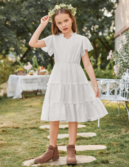 Arshiner Mädchen Kleid Festliches Rüschenärmel Sommerkleider V-Ausschnitt Partykleid Swiss Dot Stufenkleid Kinder A-Linie Swing Kinderkleid mit Tasche 3-12 Jahre