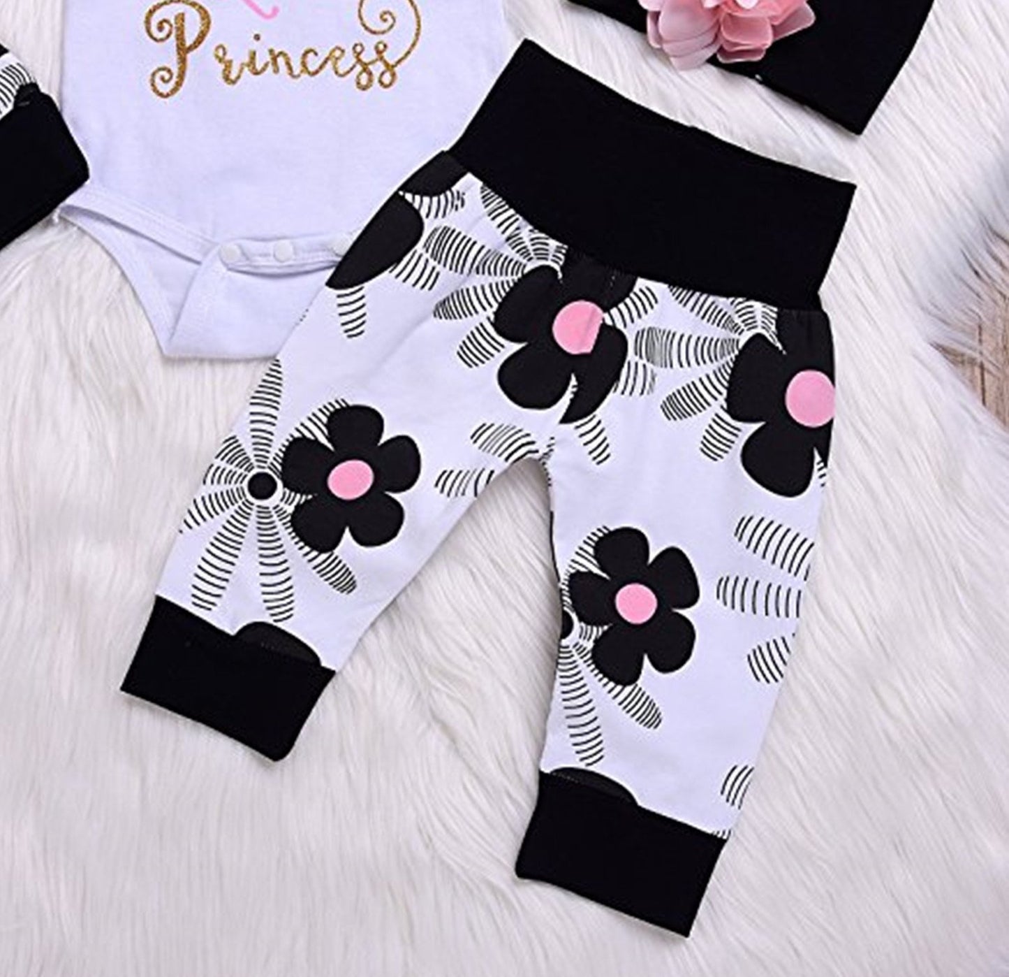 Niedliche Neugeborene Baby Mädchen Outfit Papa Kleine Prinzessin Strampler + Blumenhose + Hut + Blume Stirnband 4er Set