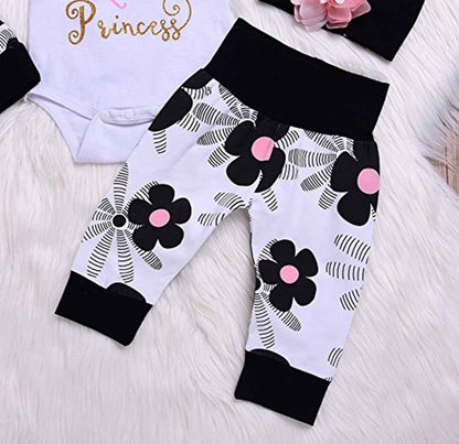 Juflam Cute Newborn Baby Girl Outfit Daddy Little Princess Romper + Flower Trousers + Hat + Flower Headband Set of 4