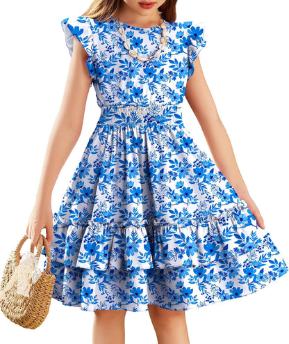 Arshiner Girls Dresses Flutter Sleeves Kids Summer Cotton Formal Dress A-Line Waist Lace-up Casual Dress Swing Dress Elegant Sleeveless Dress for Girls 5-13 Years 