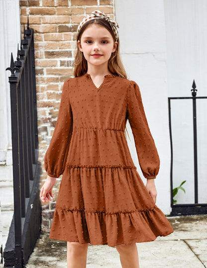 Arshiner Dress Girls Festive Flounce V-Neck Long Sleeve Dress Swiss Dot Chiffon Dress Children Tiered Dress A-Line Party Dress Wedding Princess Dress Swing Skater Dress 5-12 Years 