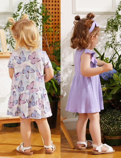 PATPAT Baby Mädchen Kleid Set, Packung mit 2 Süßes Sommerkleider Ärmellos Rüschen Prinzessin Kleider Kurze Ärmel, Kleinkind A-Linien-Kleid für Hochzeit Geburtstag Party Bankett Urlaub, 3-24 Monate