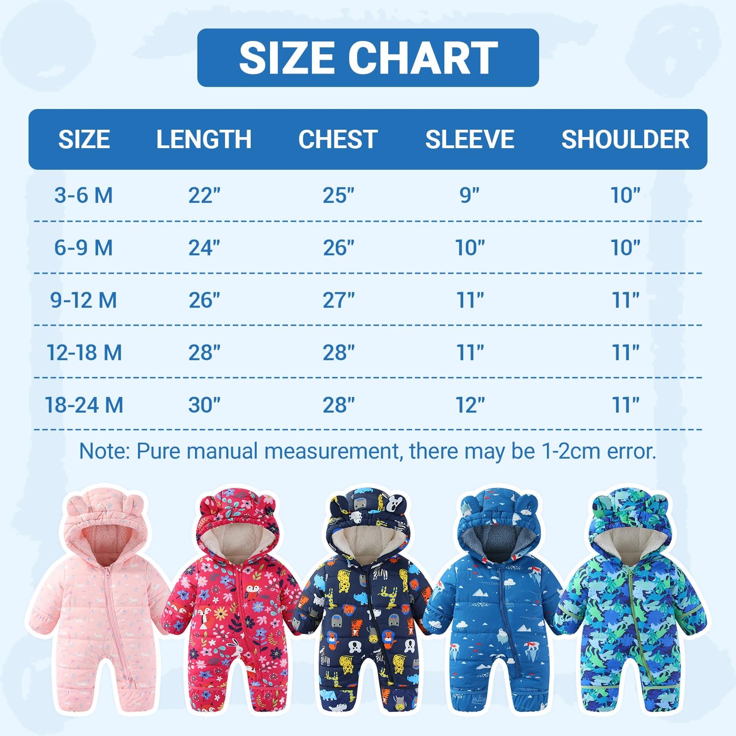 JiAmy Baby Winter Snowsuit, Toddler Bear Hood Fold-Over Mittens Booties Jumpsuit Toddler Warm Fleece Romper Girls Boys Warm Jumpsuit 3-24 Months
