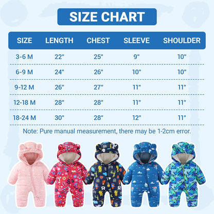 JiAmy Baby Winter Snowsuit, Toddler Bear Hood Fold-Over Mittens Booties Jumpsuit Toddler Warm Fleece Romper Girls Boys Warm Jumpsuit 3-24 Months