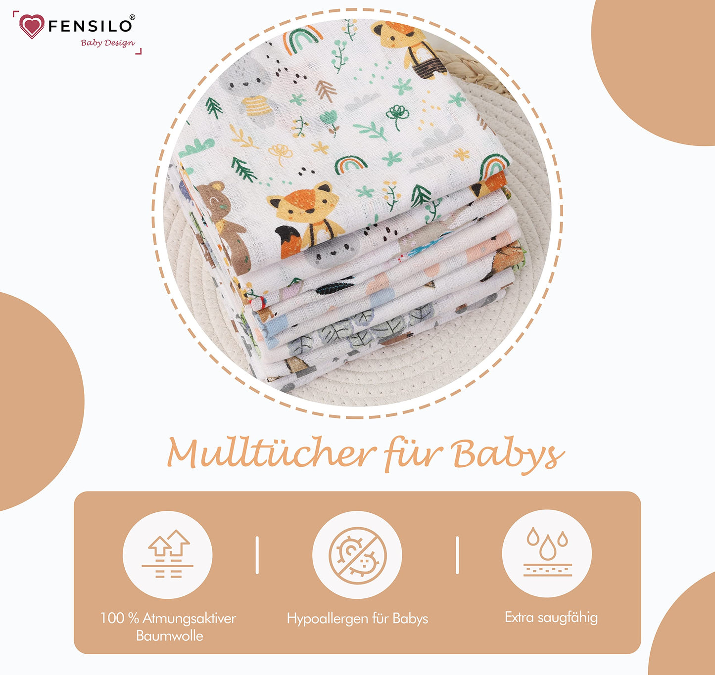 FENSILO - Mulltücher - Mullwindeln - 10er Pack 70x80 cm - Stoffwindeln, Made IN EU, schadstoffgeprüft - Spucktücher Set für Mädchen – Baby Mullwindeln- Rosa - Oeko-TEX Zertifiziert