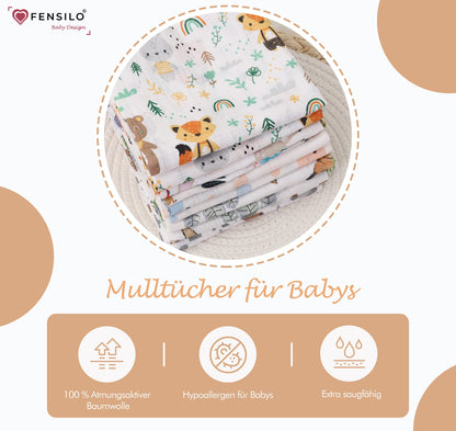FENSILO - Mulltücher - Mullwindeln - 10er Pack 70x80 cm - Stoffwindeln, Made IN EU, schadstoffgeprüft - Spucktücher Set für Mädchen – Baby Mullwindeln- Rosa - Oeko-TEX Zertifiziert