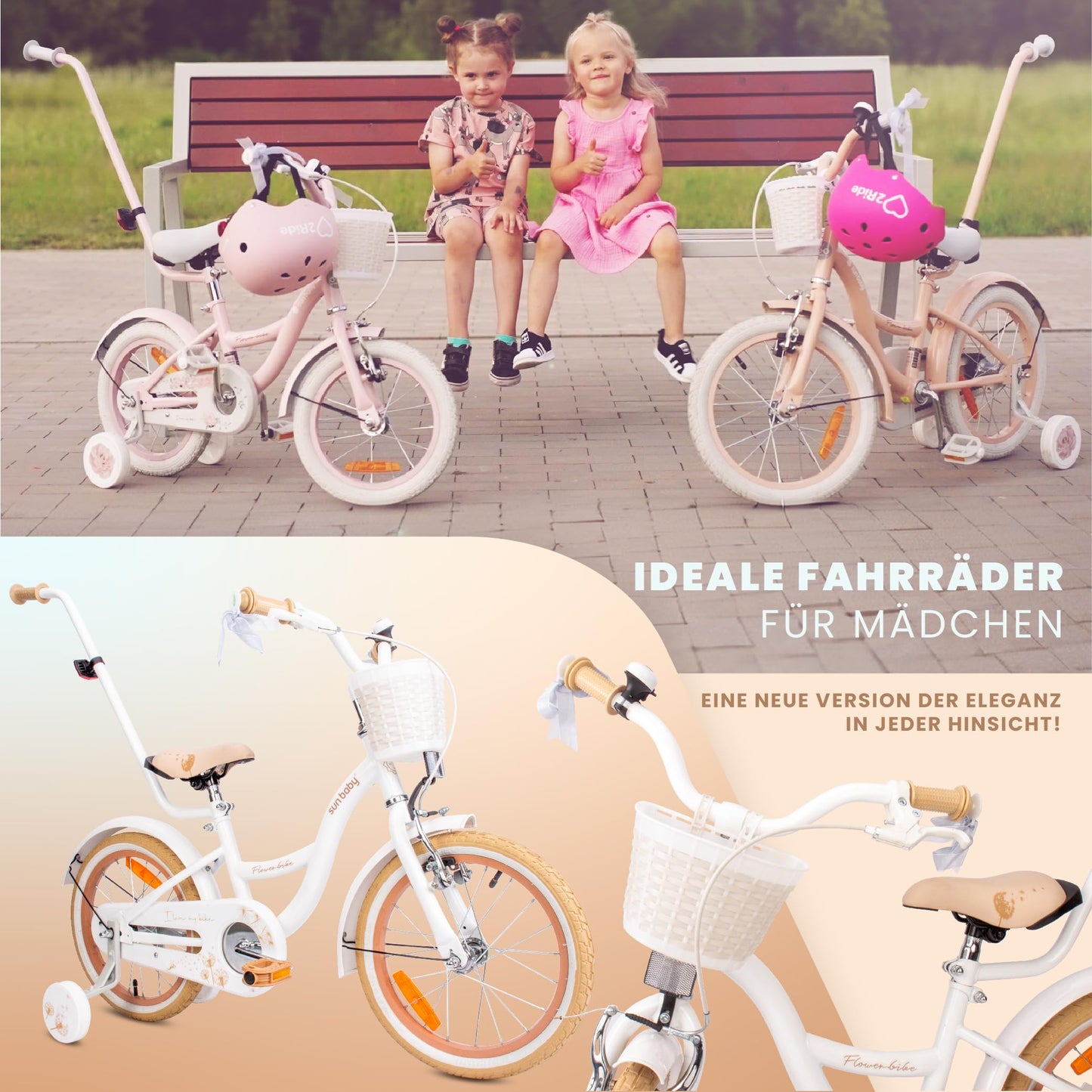 sun baby Mädchenfahrrad Flower Bike Radgröße zur Auswahl, mit Abnehmbarer Schubstange, Kinderfahrrad für Mädchen von 2 bis 6 Jahre