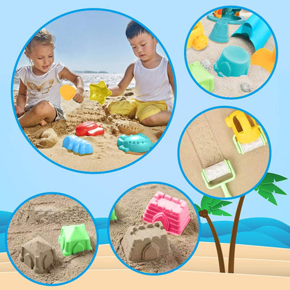 GOLDGE Sand Toy Set, 29 Pieces, Colourful Beach Toy, Sand Toy Set with Car Bucket, Castle Shapes, Mesh Bag, Water Toy for Boys and Girls