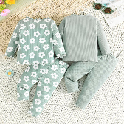 Kleinkind Baby Mädchen Kleidung Set Rüschen gerippt Kurzarm / Langarm T-Shirt Tops + Shorts Hosen 4 Stück Sommer Herbst Süße Outfits Set