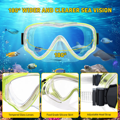 UPhitnis Kinderschnorchelset mit Flossen, Antibeschlag 180° Panorama Taucherbrille, verstellbare Schwimmflossen und Premium Dry Schnorchel, 3-in-1 Schnorchelset für Kinder mit Tragetasche