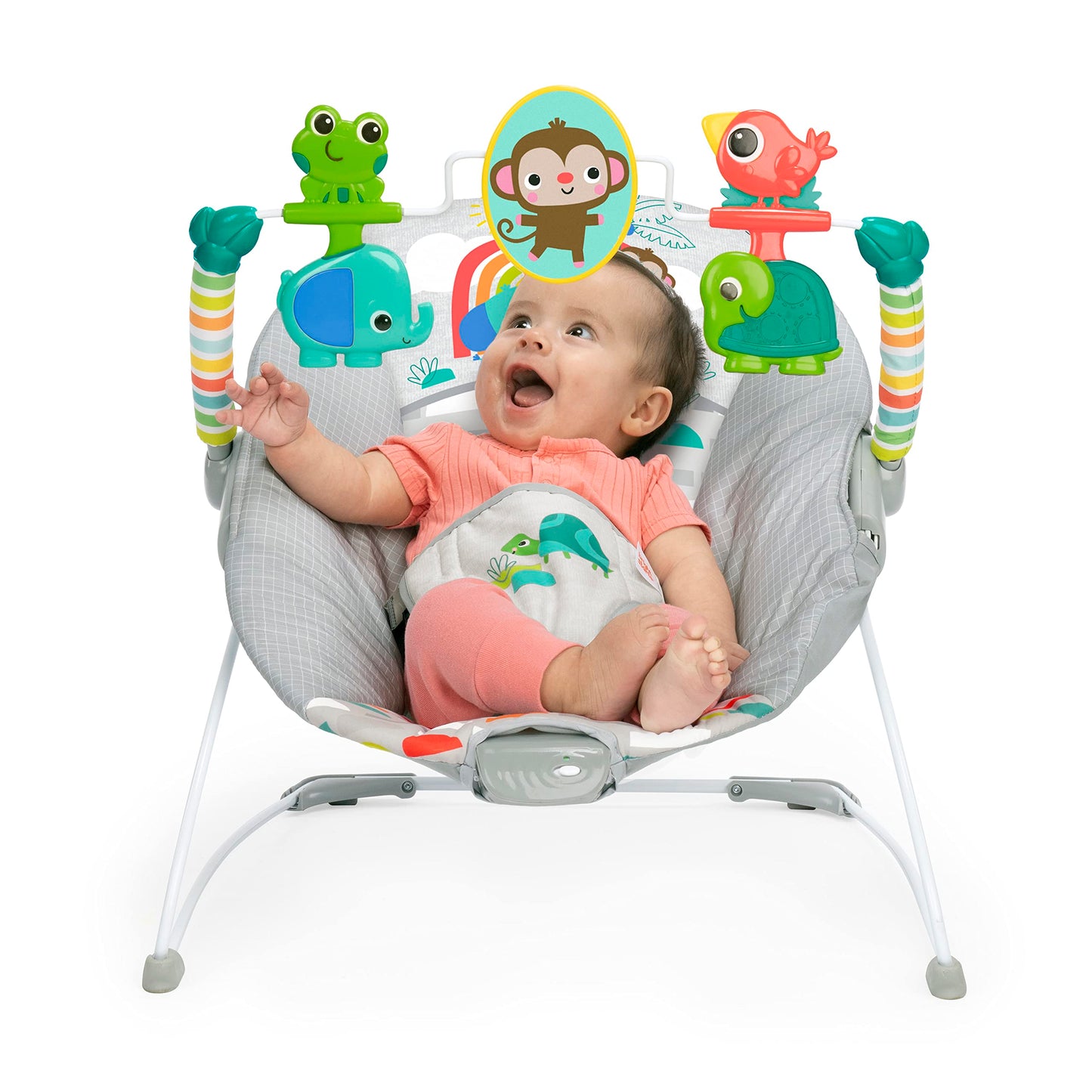 Bright Starts, Babywippe Babyschaukel Safari Fun mit Beruhigenden Vibrationen, Spielbogen mit 2 Spielzeugen, 3-Punkte-Gurt Sitz, Maschinenwaschbares Sitzpolster, ab der Geburt bis 9kg
