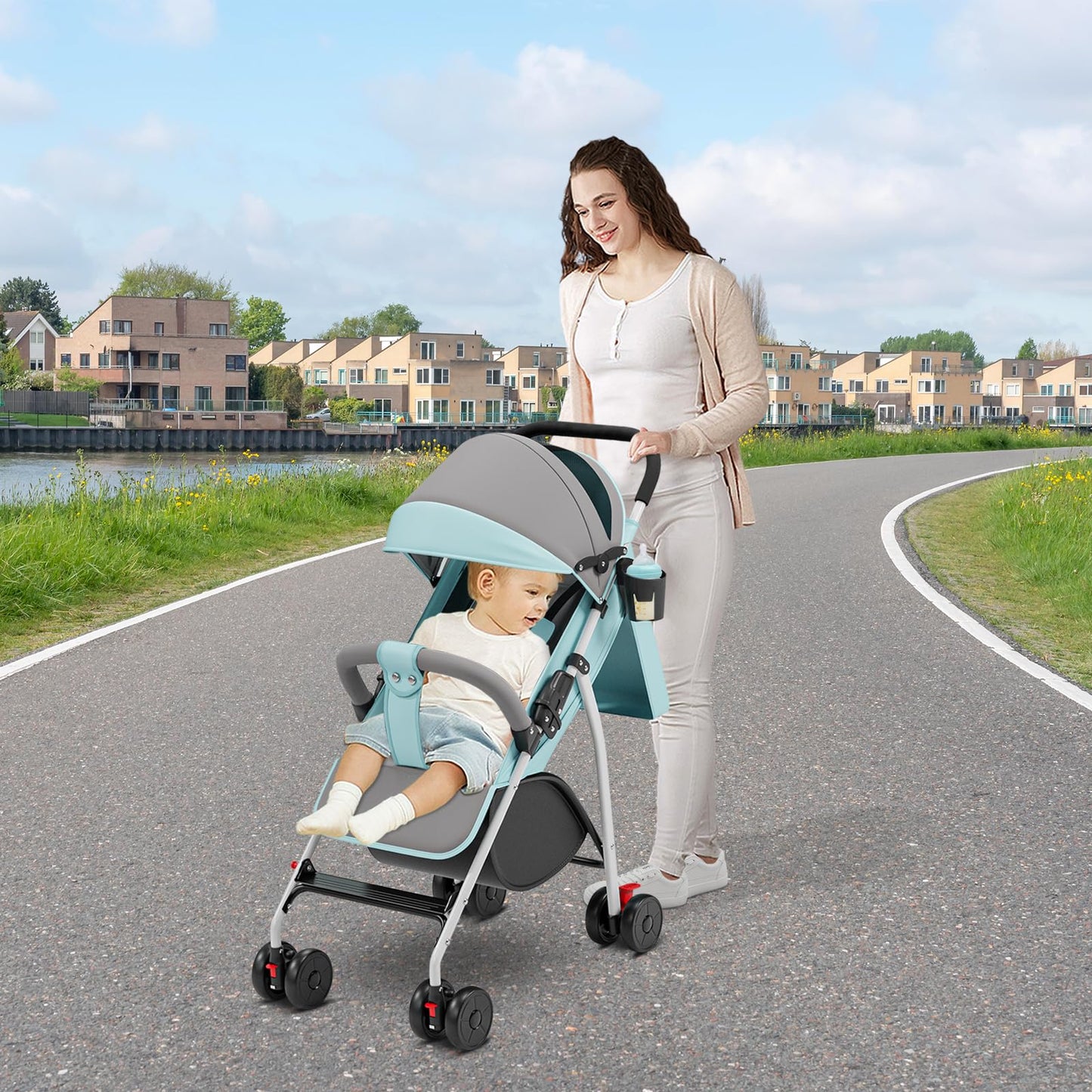 Buggy für Babys, ultraleicht, kompakt, faltbar und neigbar, von Geburt bis 25 kg, mit Trolley-System, Regenschutz inklusive, ausziehbarer Haube, C-schwarz