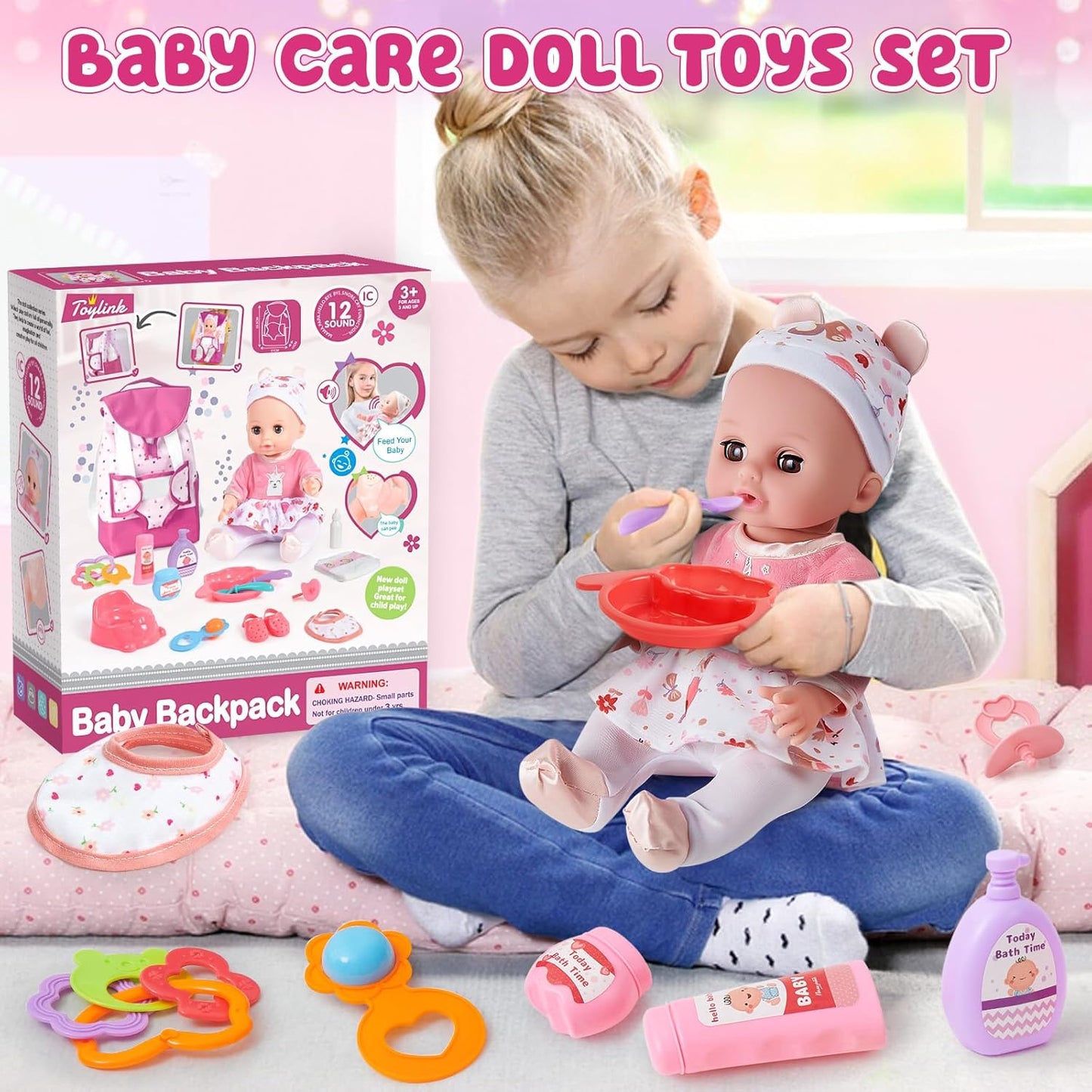 G.C Puppenzubehör Spielzeug Geschenk Mädchen, 36cm Babypuppe mit 12 Geräuschen & Wickeltasche Rucksack & Puppenkleidung & Töpfchen, Puppen Zubehör Geschenke für Mädchen 3 4 5 6 Jahre