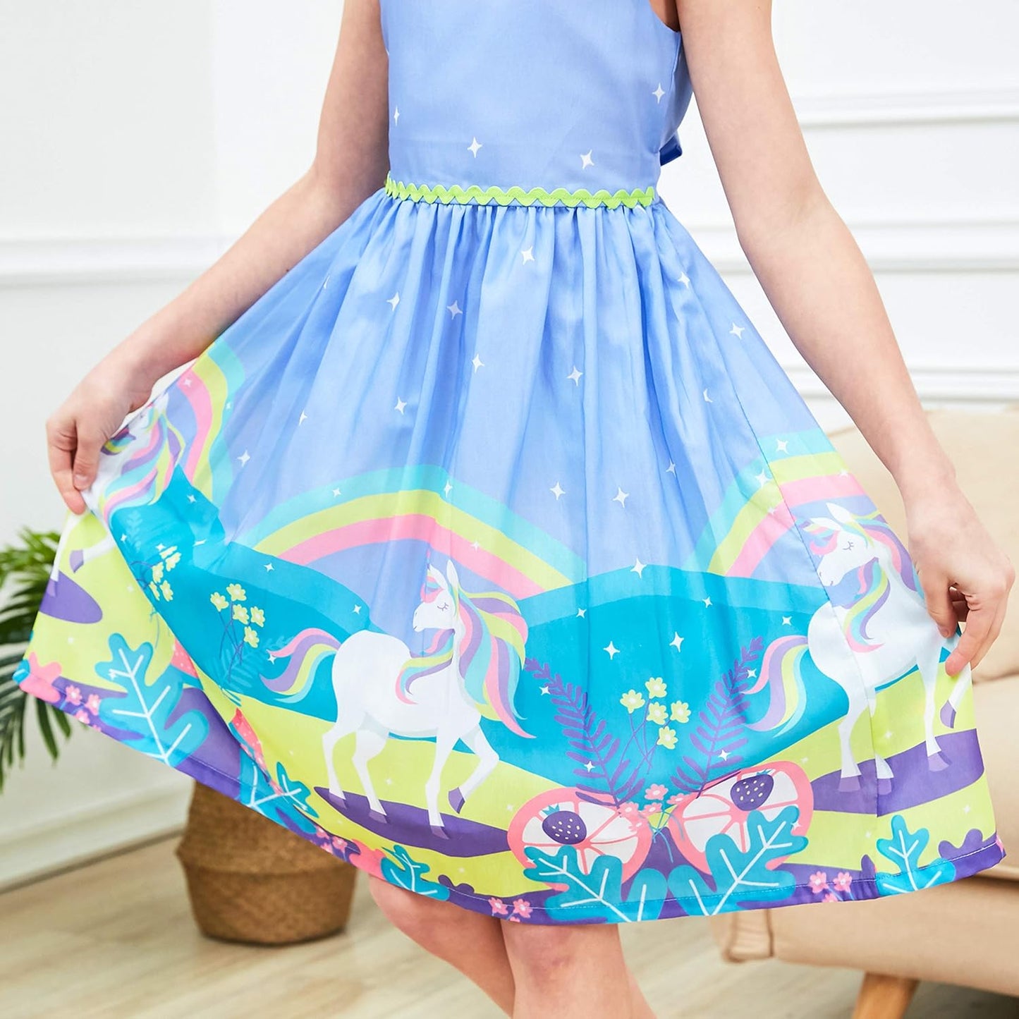 Sunny fashion girls' sleeveless polka dot dress rose garden green print size