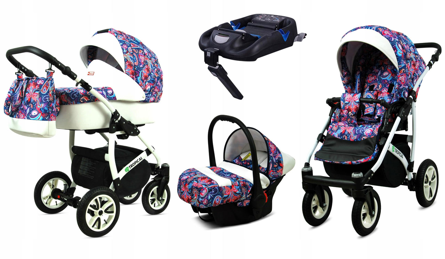 BabyLux® Bambimo Pushchair Set 3 in 1 - Tropical - incl. Baby Carrycot, Buggy Sports Seat, Car Seat - Pram Set - Combination Pram with Changing Bag, Rain Cover etc.