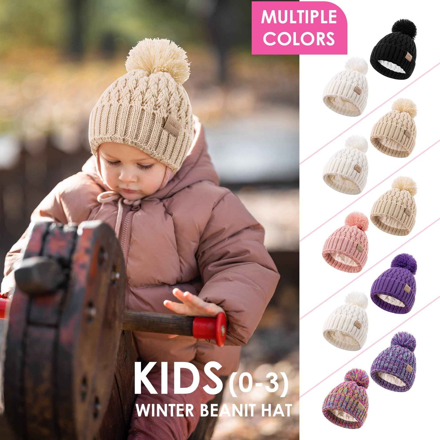 Baby Beanie Hats with 2 Pack, Warm Winter Hats for Boys and Girls, Toddler Fleece Lined Toddler Baby Hats for 0-36 Months