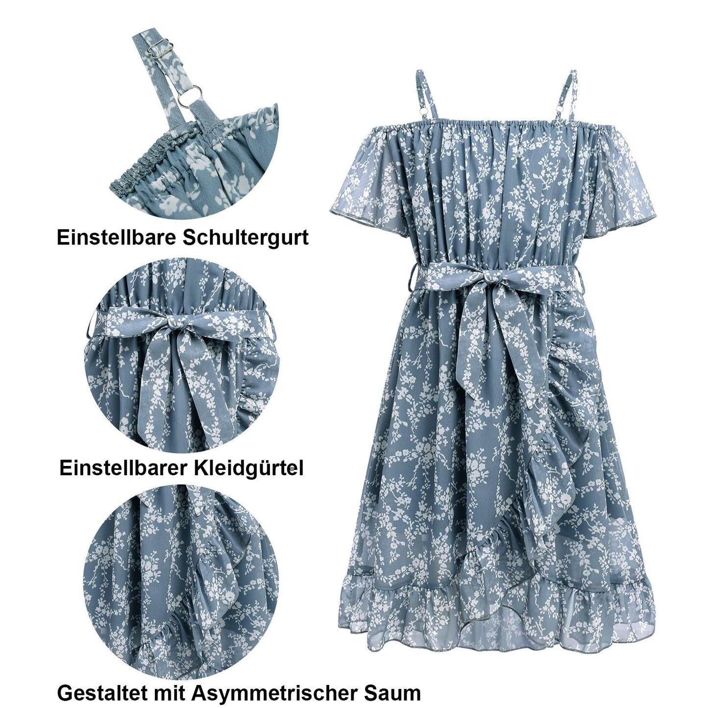 cenozo Casual Dresses for Girls, Chiffon Floral Dress, Off-the-Shoulder Summer Dress with Adjustable Straps, Leisure with Ruffle Sleeves, for Girls Aged 6 to 14 Years
