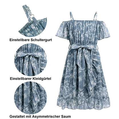 cenozo Casual Dresses for Girls, Chiffon Floral Dress, Off-the-Shoulder Summer Dress with Adjustable Straps, Leisure with Ruffle Sleeves, for Girls Aged 6 to 14 Years