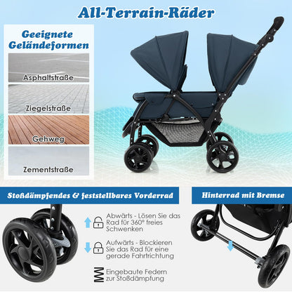 COSTWAY Folding Double Pushchair, Twin Pushchair with Adjustable Backrest and Hood, Travel Buggy with Reclining Function, Twin Buggy Pushchair for Baby from 6 Months, 30 kg Load Capacity (Grey)