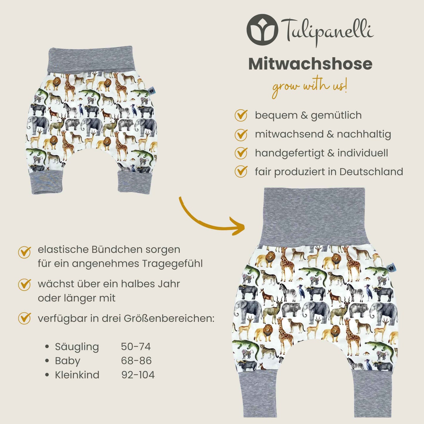 Baby Baggy Trousers, Handmade Cotton Jersey Grow Trousers, Sizes 50-74, 68-86, 92-104, Wide Waistband (Wild Life, 50-74)