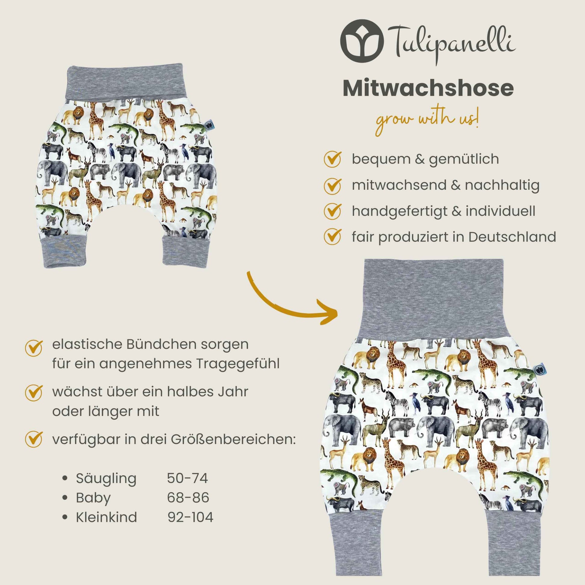 Baby Baggy Trousers, Handmade Cotton Jersey Grow Trousers, Sizes 50-74, 68-86, 92-104, Wide Waistband (Wild Life, 50-74)
