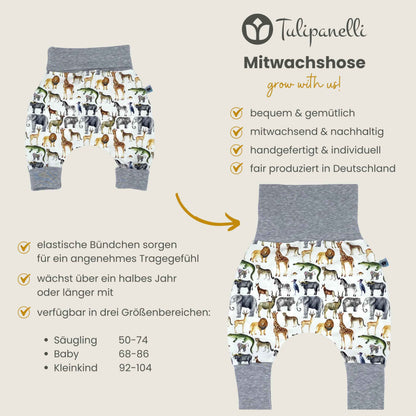Baby Baggy Trousers, Handmade Cotton Jersey Grow Trousers, Sizes 50-74, 68-86, 92-104, Wide Waistband (Wild Life, 50-74)