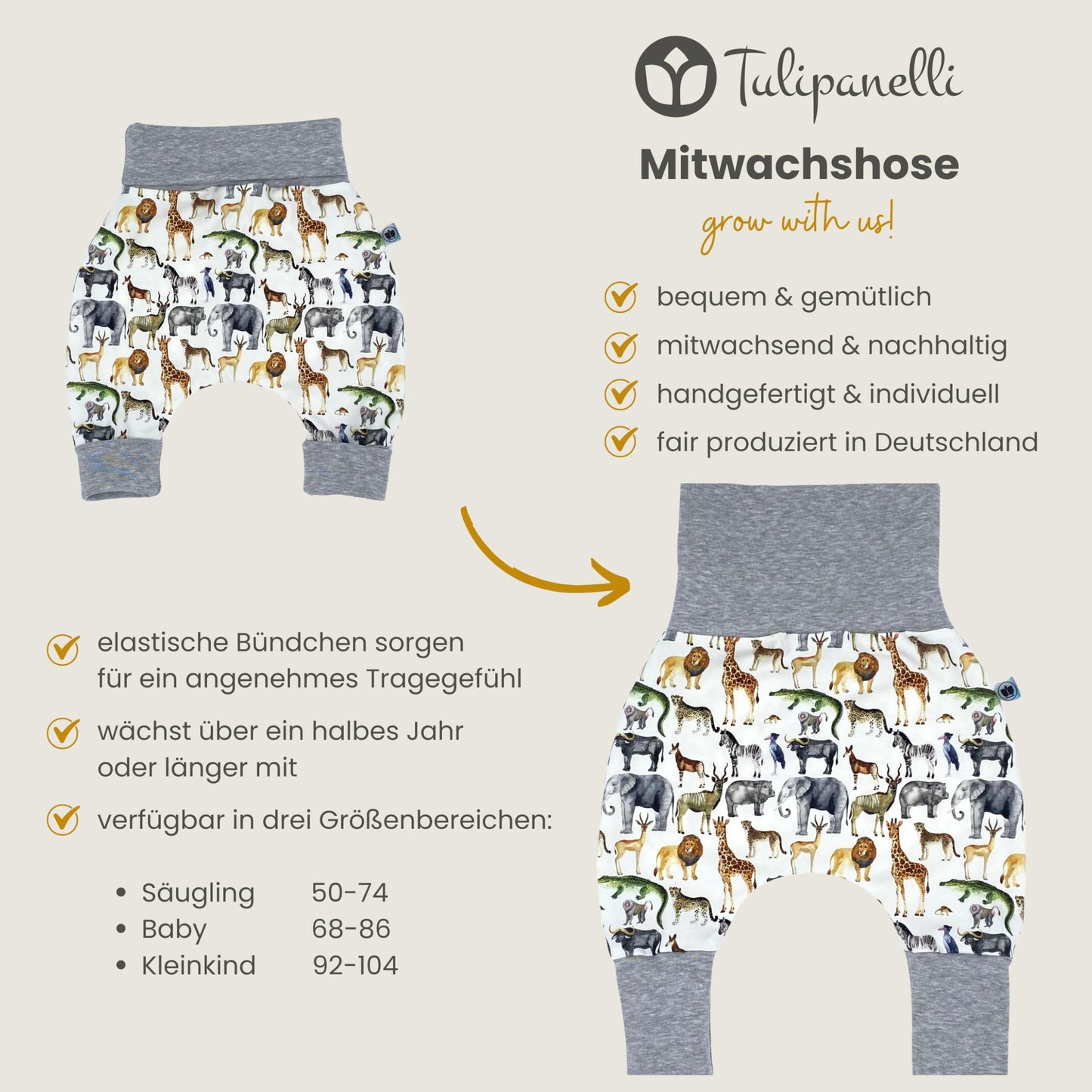 Baby Baggy Trousers, Handmade Cotton Jersey Grow Trousers, Sizes 50-74, 68-86, 92-104, Wide Waistband (Wild Life, 50-74)