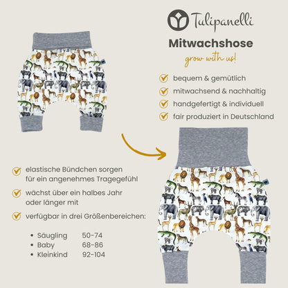 Baby Baggy Trousers, Handmade Cotton Jersey Grow Trousers, Sizes 50-74, 68-86, 92-104, Wide Waistband (Wild Life, 50-74)