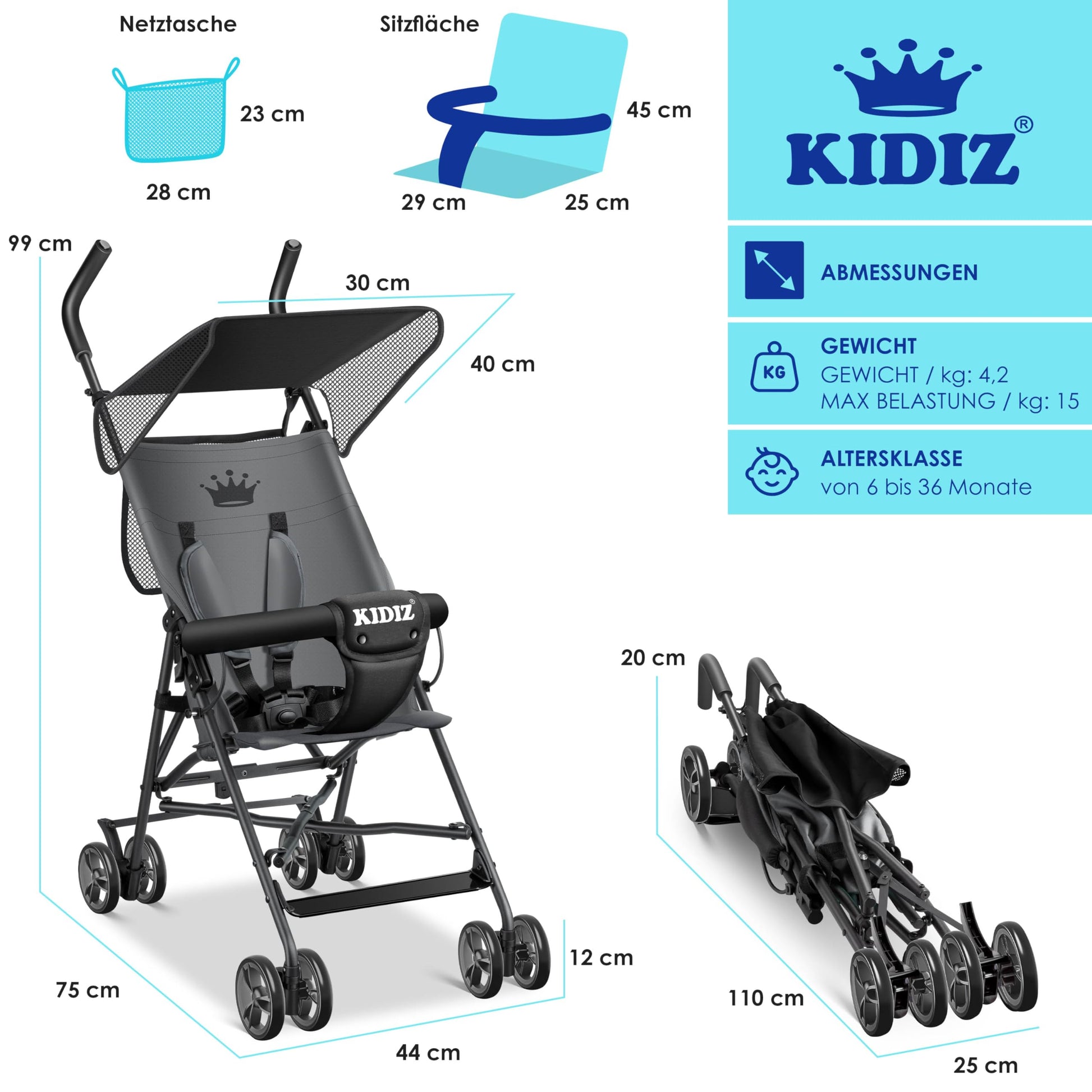 KIDIZ® City Buggy Foldable 360° 4 Inch Wheels Including Sun and Rain Cover Foldable 5-Point Safety Belt from 6 Months Anthracite - Meloni2