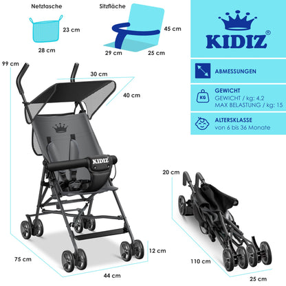 KIDIZ® City Buggy Foldable 360° 4 Inch Wheels Including Sun and Rain Cover Foldable 5-Point Safety Belt from 6 Months Anthracite - Meloni2