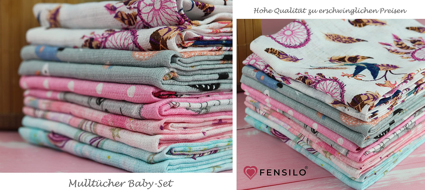 FENSILO - Mulltücher - Mullwindeln - 10er Pack 70x80 cm - Stoffwindeln, Made IN EU, schadstoffgeprüft - Spucktücher Set für Mädchen – Baby Mullwindeln- Rosa - Oeko-TEX Zertifiziert