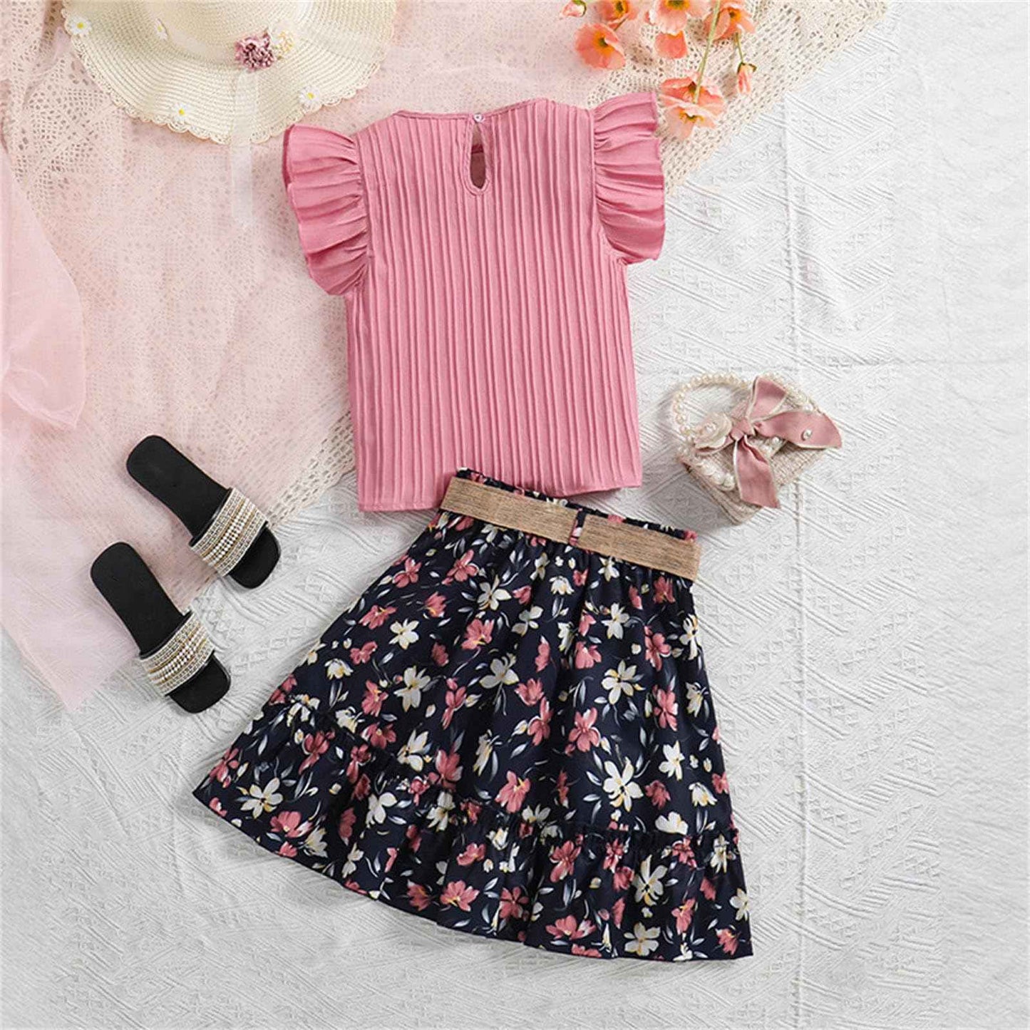 Kleinkind Baby Mädchen Outfits Rüschen Ärmellose T-Shirt Tops + Elegant Blumen Mini Rock 2 Stück Frühling Sommer Kleidung Sets