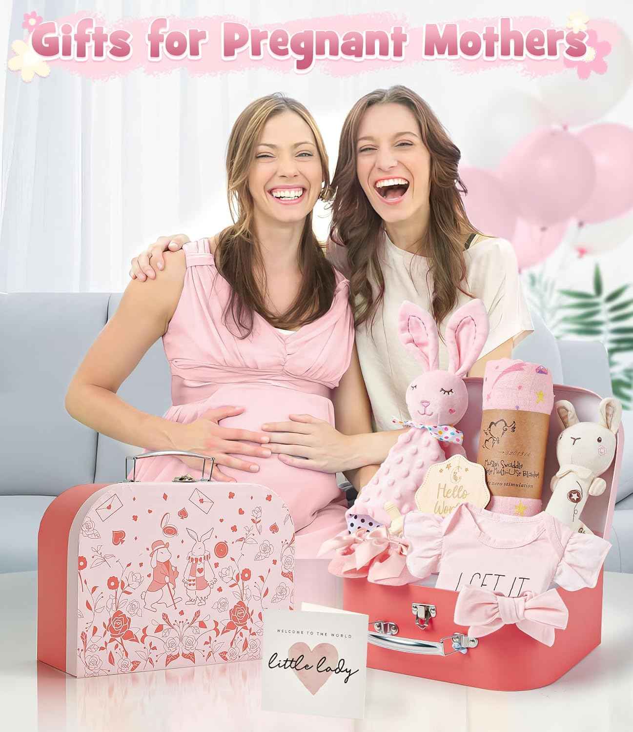 Baby Gift Boys Girls Newborn Gifts for Birth with Comforter Blanket / Baby Romper / Socks / Muslin Blanket / Rattle Nappy Cake Gift Box Baby Shower Party Gender Reveal Gift (Pink)