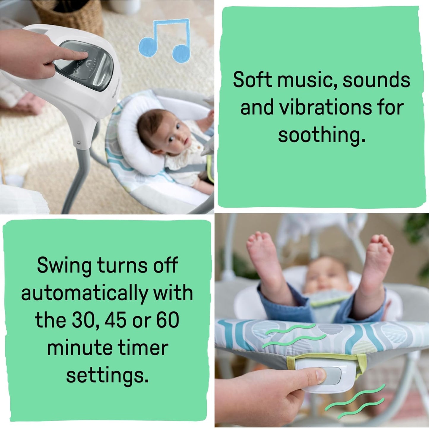 Ingenuity, Everston Babyschaukel, 180° drehbar, 3 Schaukelrichtungen und 6 -geschwindigkeiten, spielt 8 Melodien und weißes Rauschen, ab der geburt bis 9kg