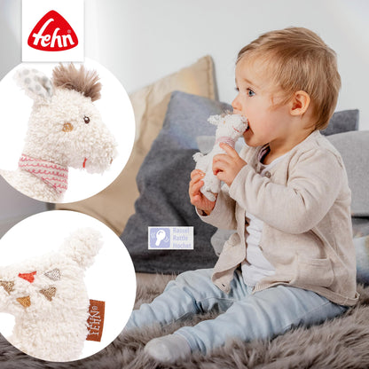 Fehn Baby Ring Greifling Lama - Kuscheltier Babyspielzeug mit Rassel - Motorikspielzeug für das spielerische Lernen - Plüschtier als Einschlafhilfe - Spielzeug für Babys & Kleinkinder ab 0+ Monaten